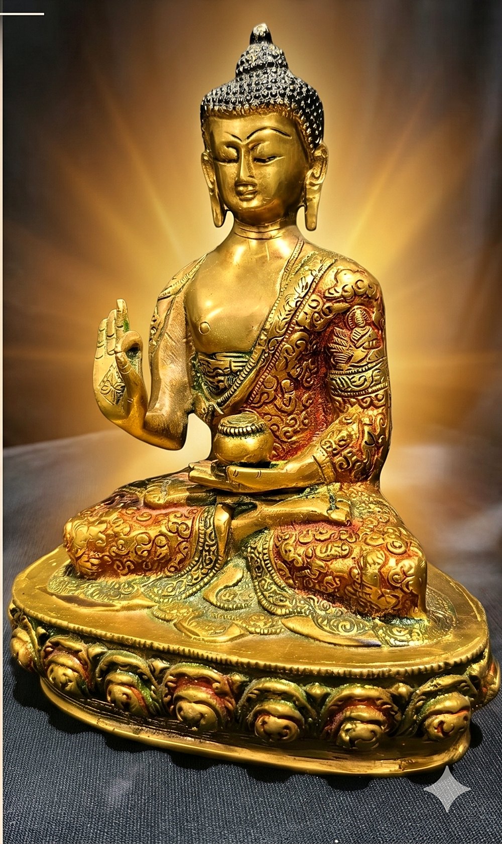 Ornate handcrafted brass Buddha statue in meditation posture, warmly lit
