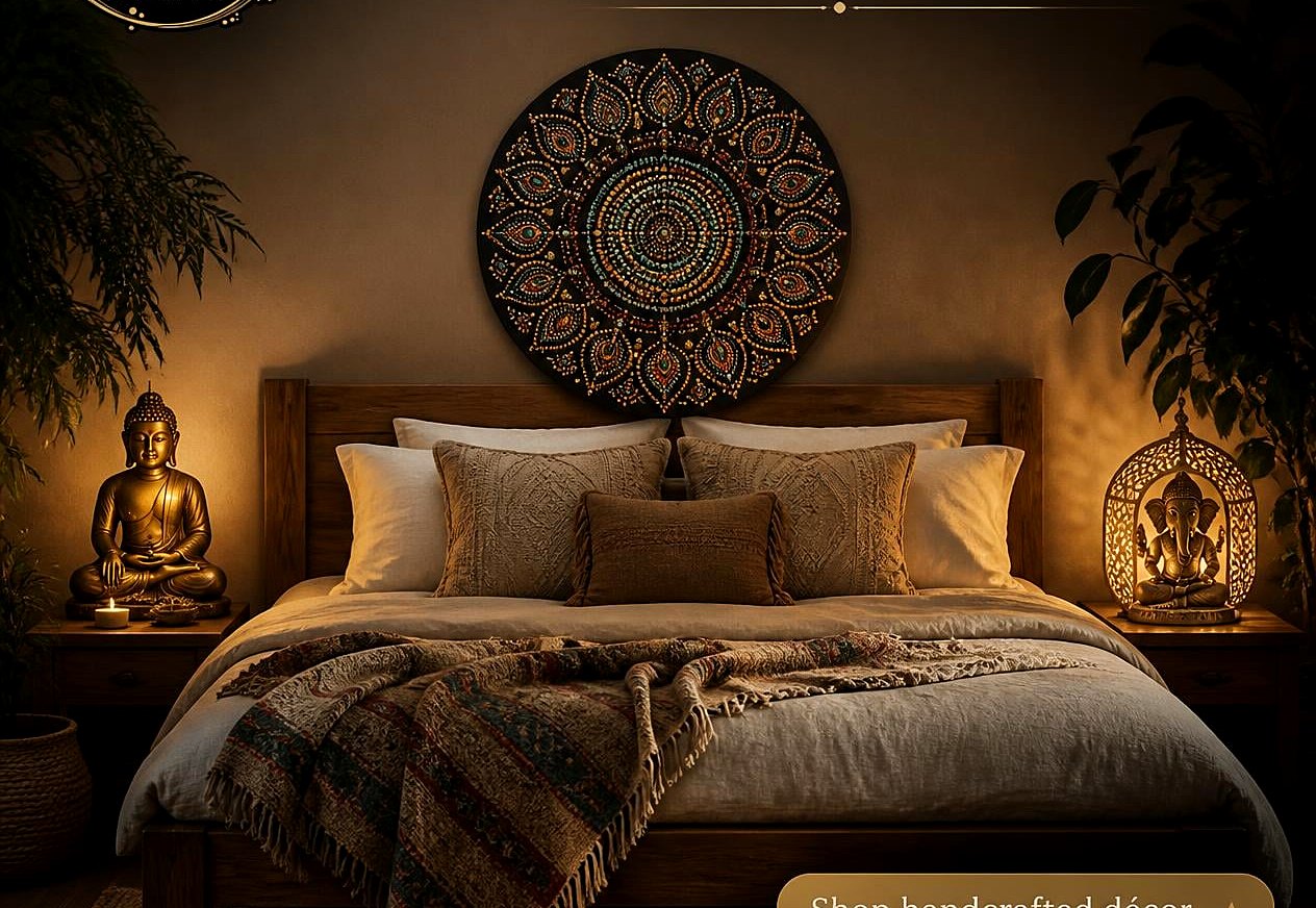 Serene bedroom styled with a mandala wall hanging and handcrafted brass Buddha statues