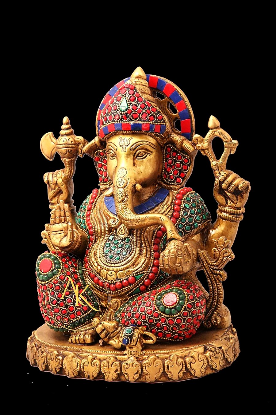 Colourful hand-set stone-inlay brass Ganesha idol, a welcoming entrance piece