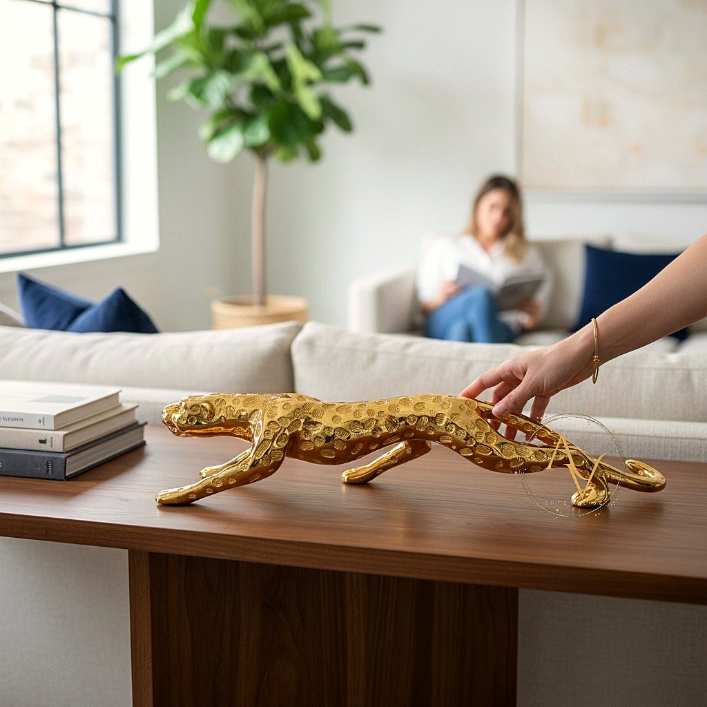 Handcrafted brass leopard sculpture styling a modern living-room console table