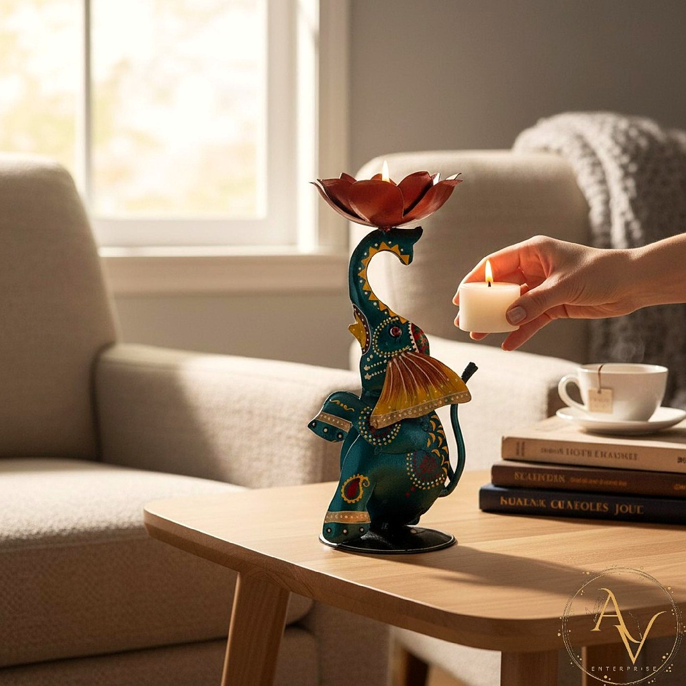 Placing a single handcrafted brass peacock diya to style a living-room coffee table